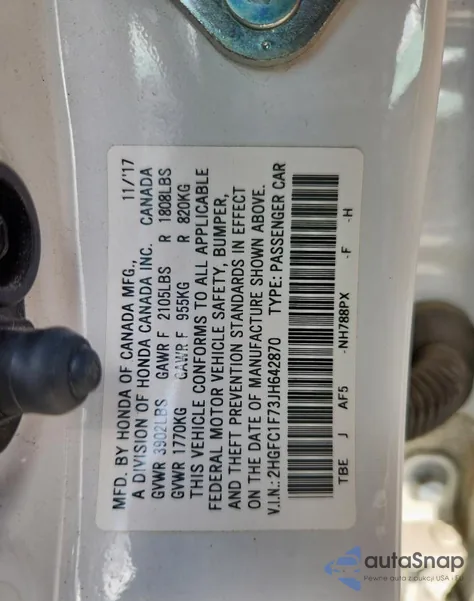 2018 Honda Civic Exl из США, поврежденный, VIN 2HGFC1F73JH642870